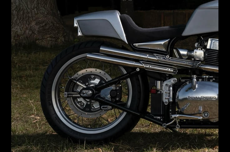 Specializing in one-off hand made motorcycles. Royal Enfield Sawn off Shotgun 650 side rear profile